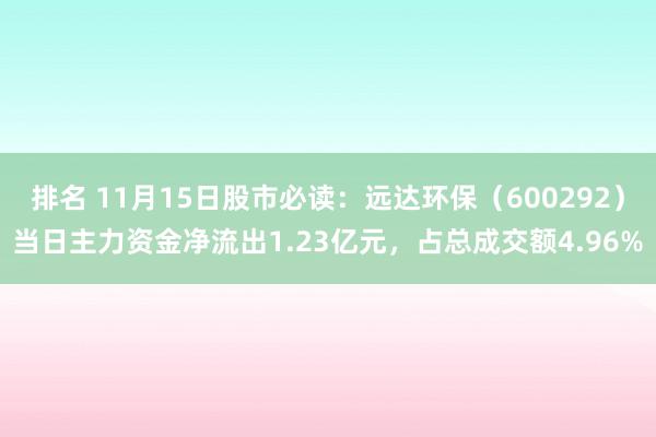 排名 11月15日股市必读：远达环保（600292）当日主力资金净流出1.23亿元，占总成交额4.96%