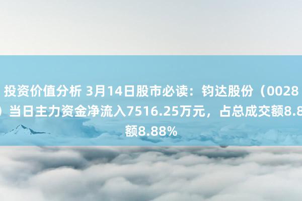 投资价值分析 3月14日股市必读：钧达股份（002865）当日主力资金净流入7516.25万元，占总成交额8.88%